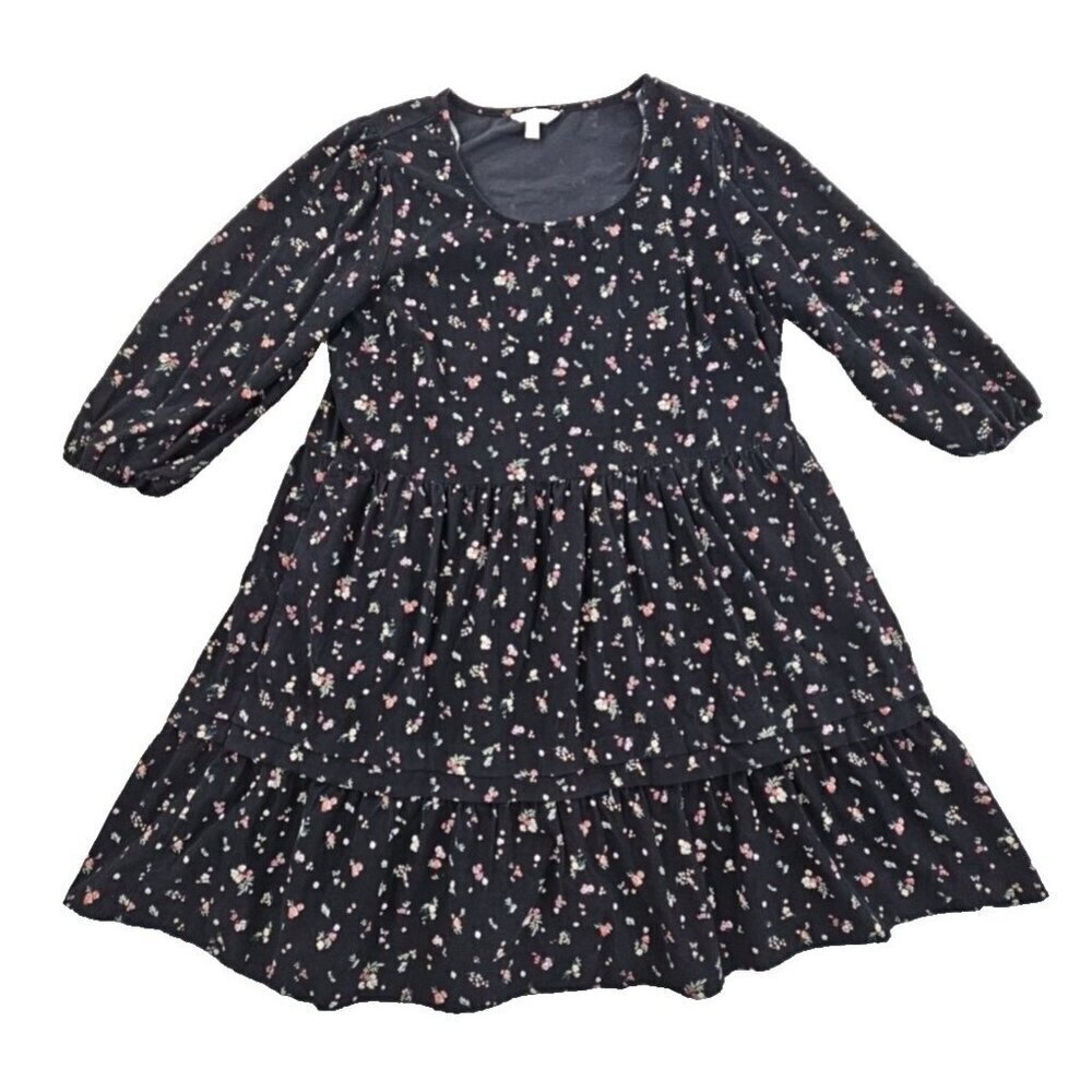 Time And Tru Black Floral Corduroy Mini Dress Women's L 12-14 Prairie Boho EUC